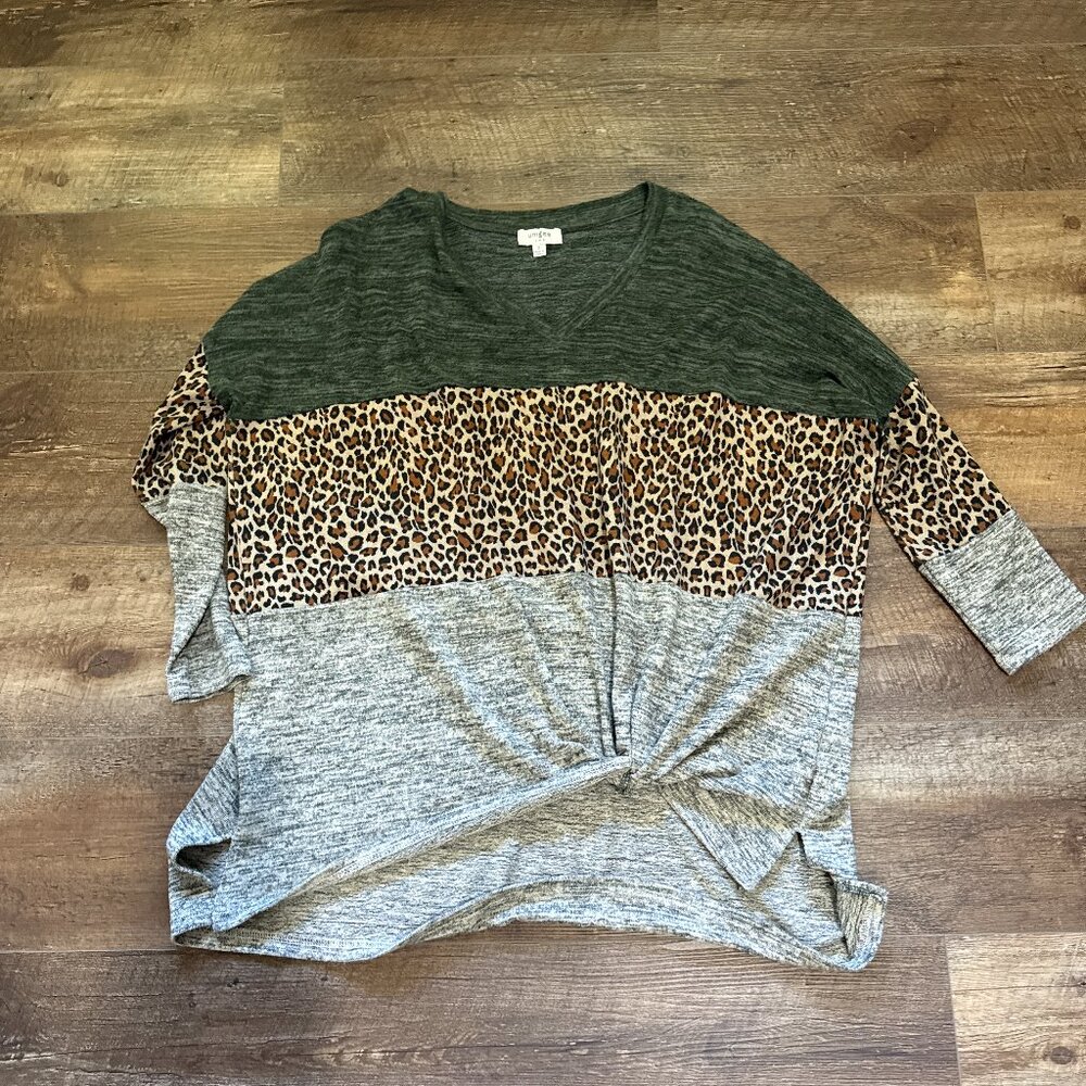 Umgee Leopard Long Sleeve Heathered Colorblock Oversize Top Olive Small